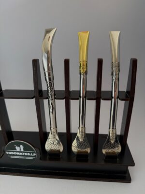 Bombilla de Alpaca Plateada con Pico Dorado y Resorte Plano - Premium